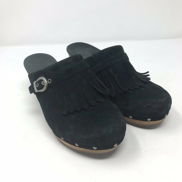 UGG Women 6 Gweneth Platform Mules Clogs Black Suede Fringe - Picture 2 of 9